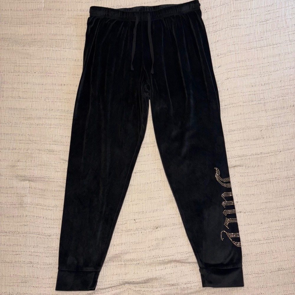 Juicy Couture Black Velour Joggers Rhinestone Logo Sweatpants Womens Medium Y2K